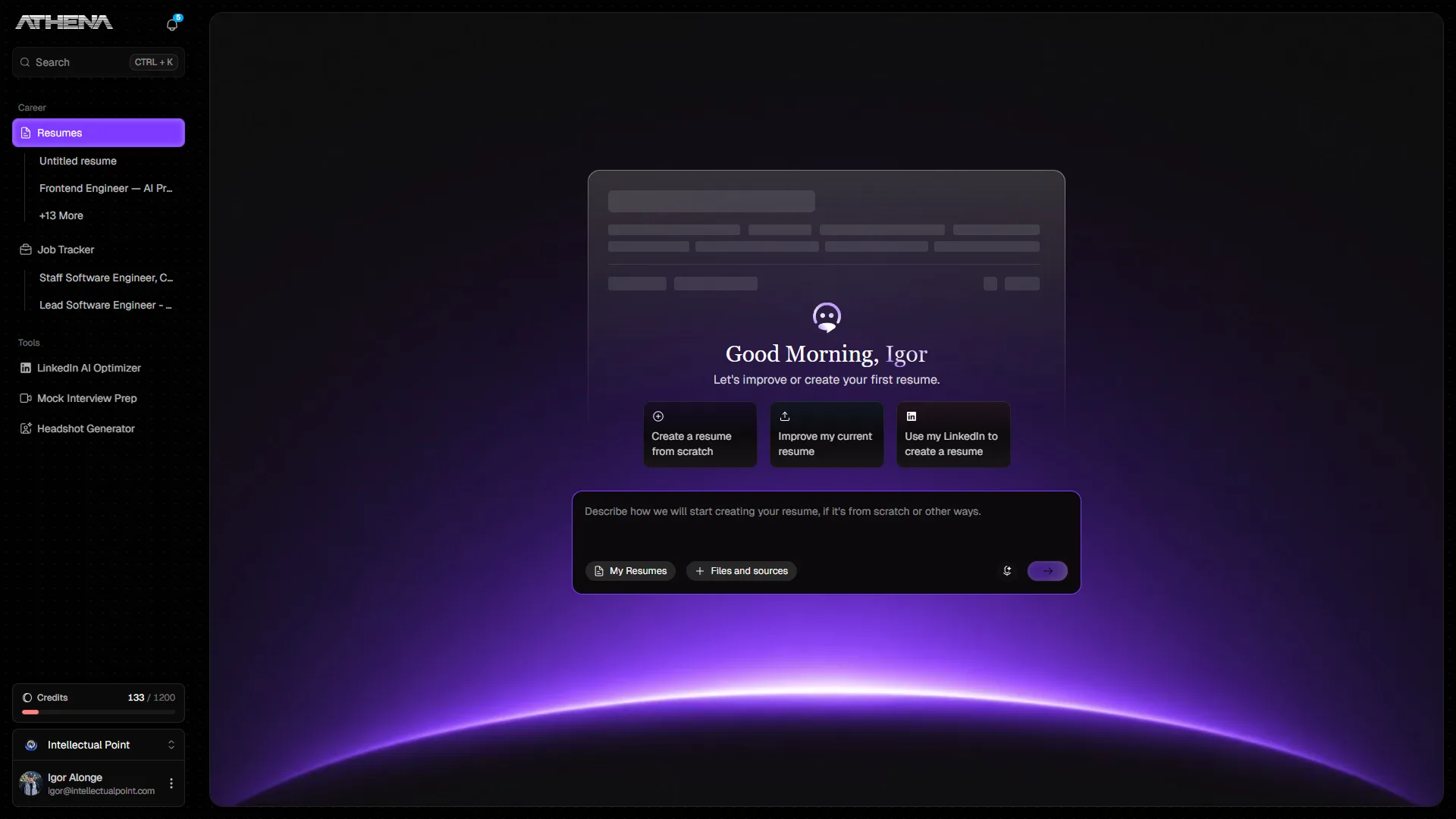 Athena open on its start screen, offering to build a resume from scratch, from an existing one, or from a LinkedIn profile