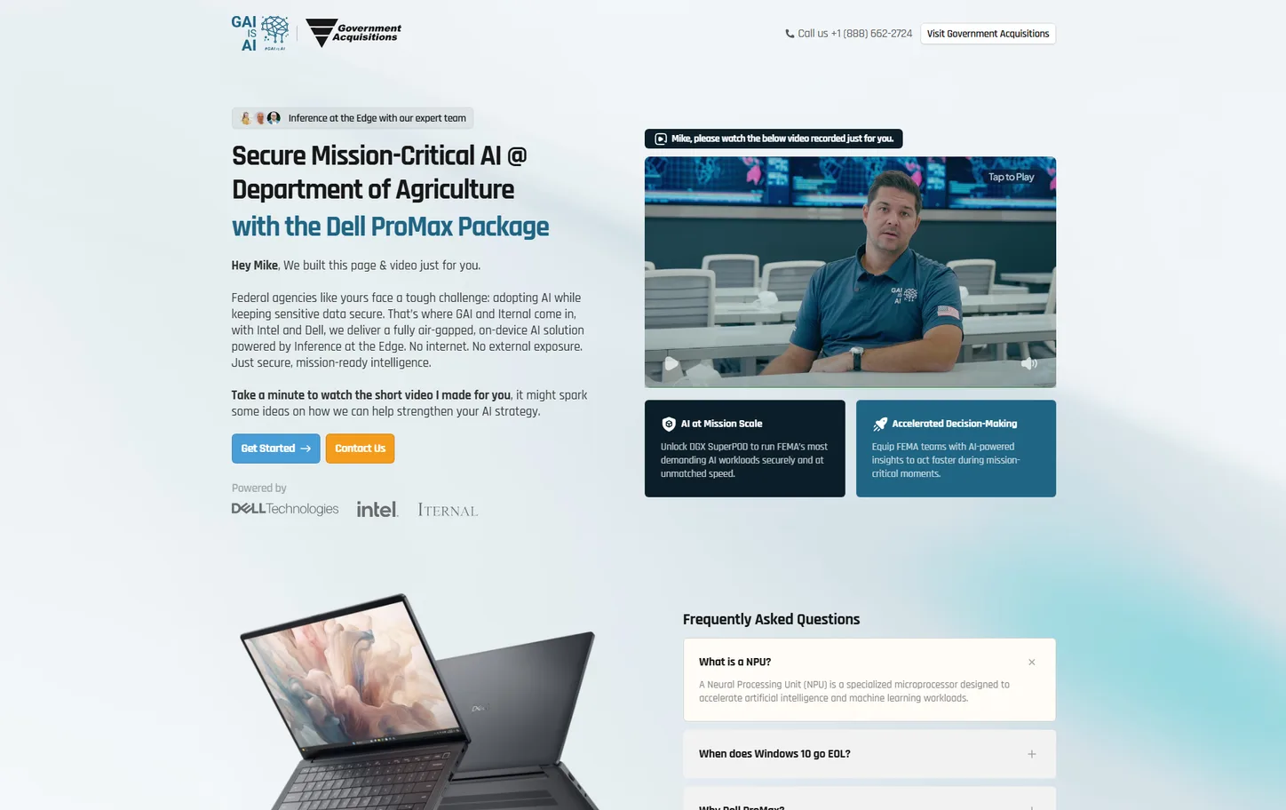 A landing page Aurora personalized for one lead, with their name, their industry and a video addressed to them.