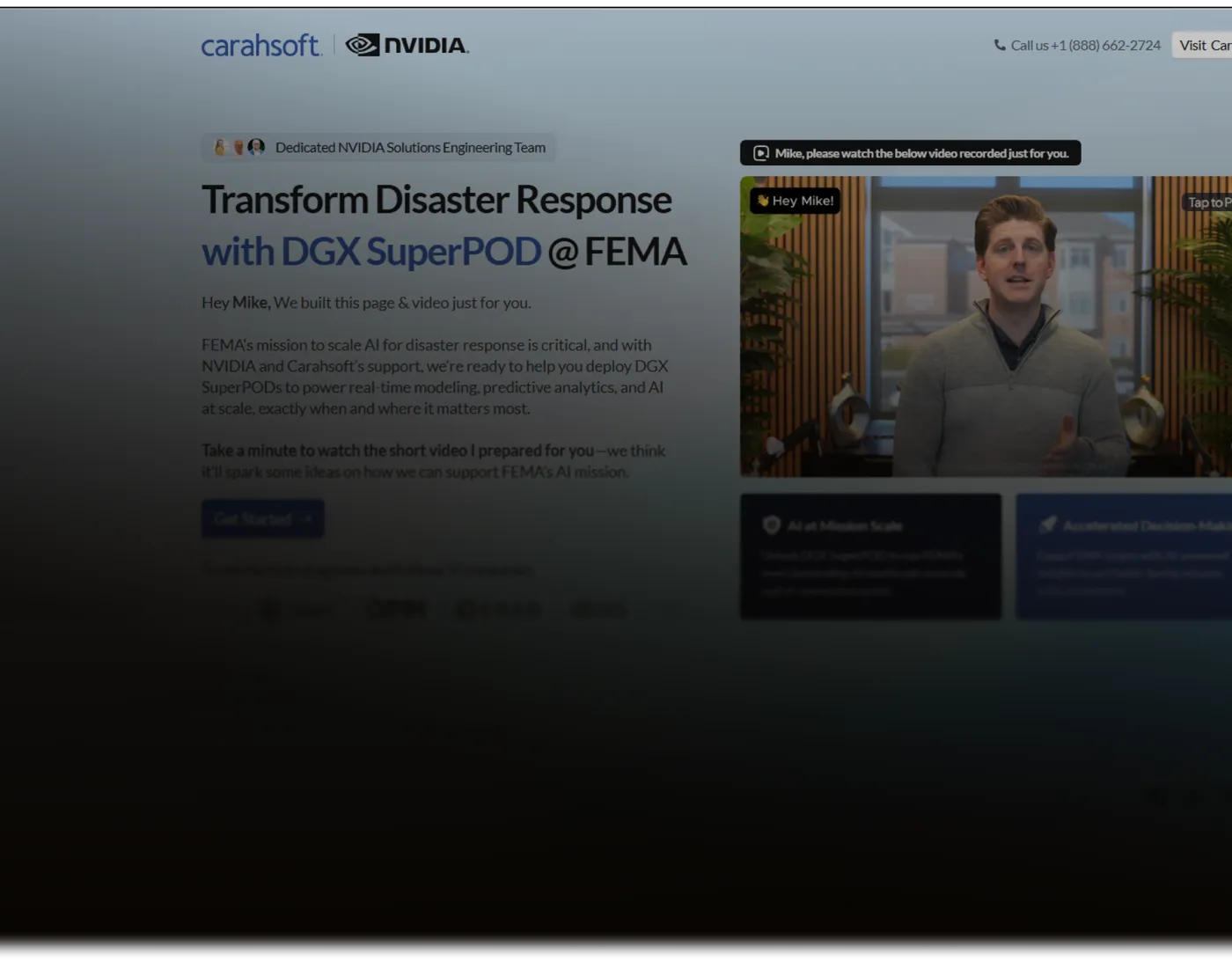 A landing page Aurora generated for a single account, with the prospect greeted by name beside a video recorded for them