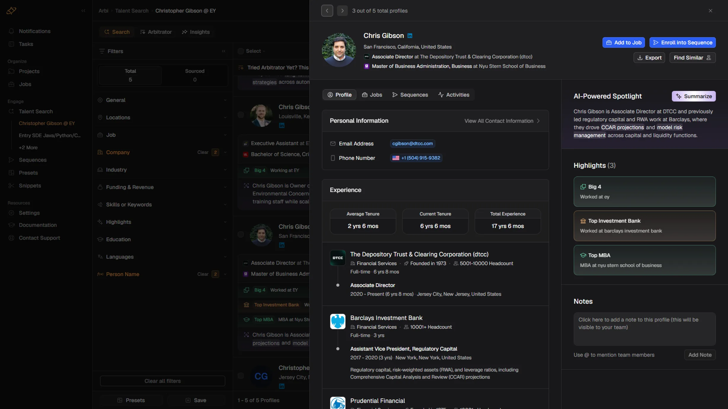 Candidate profile showing a verified email address and direct phone number, tenure and total experience, an AI written spotlight, and highlights such as big four and top investment bank experience