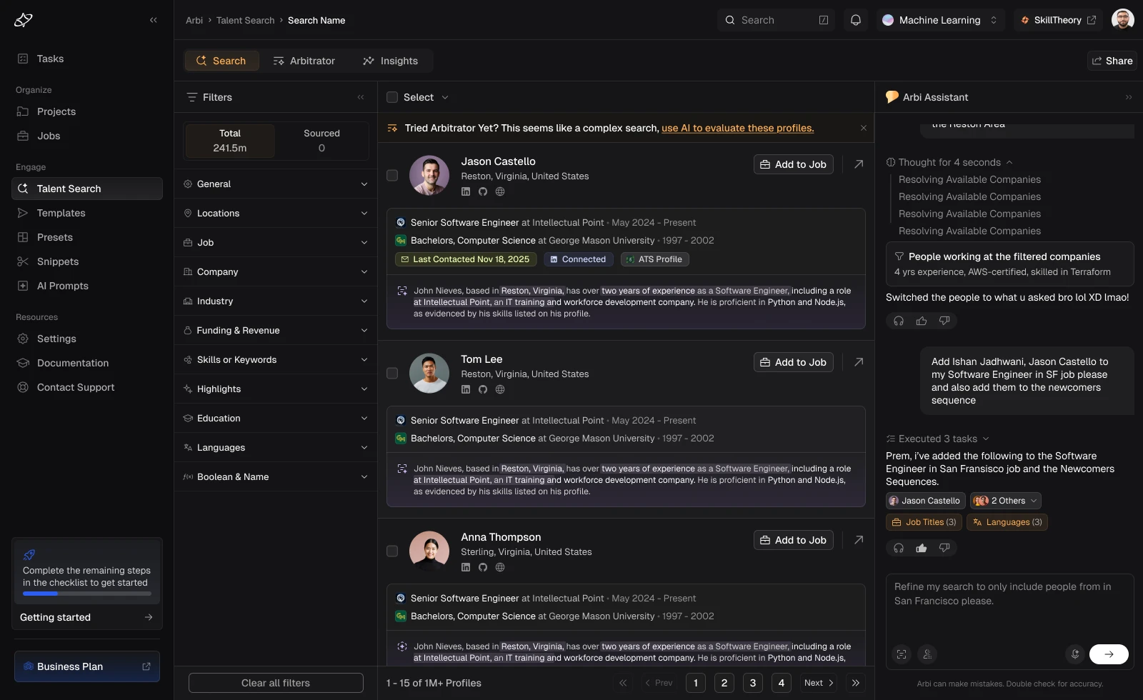 Arbi AI recruiting platform interface showing candidate sourcing dashboard