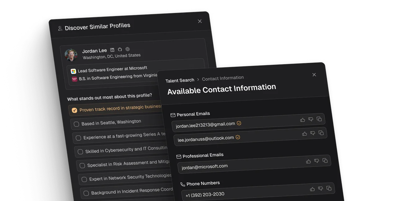 A candidate contact panel listing personal emails, work emails and phone numbers