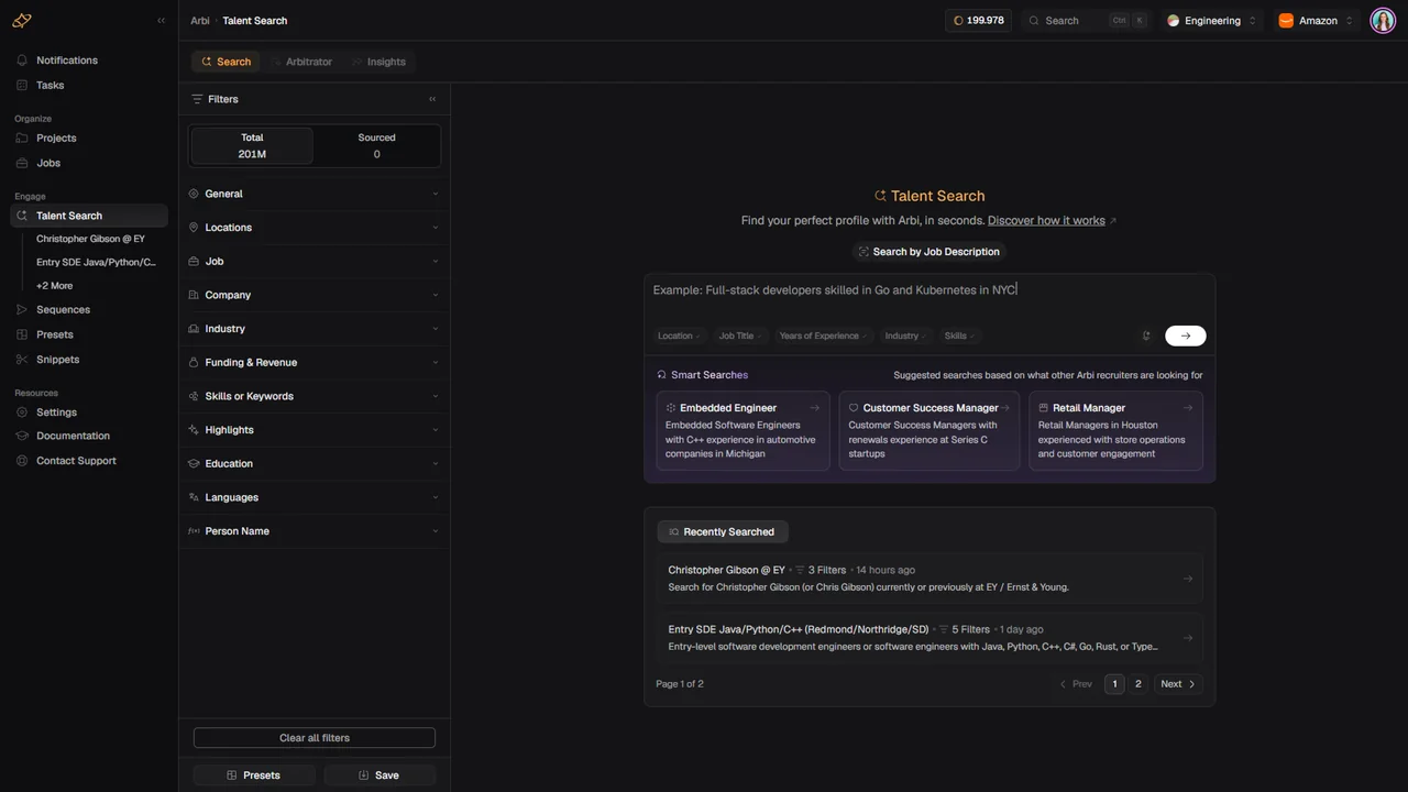 Arbi talent search with the filter rail, a plain English query, and suggested smart searches
