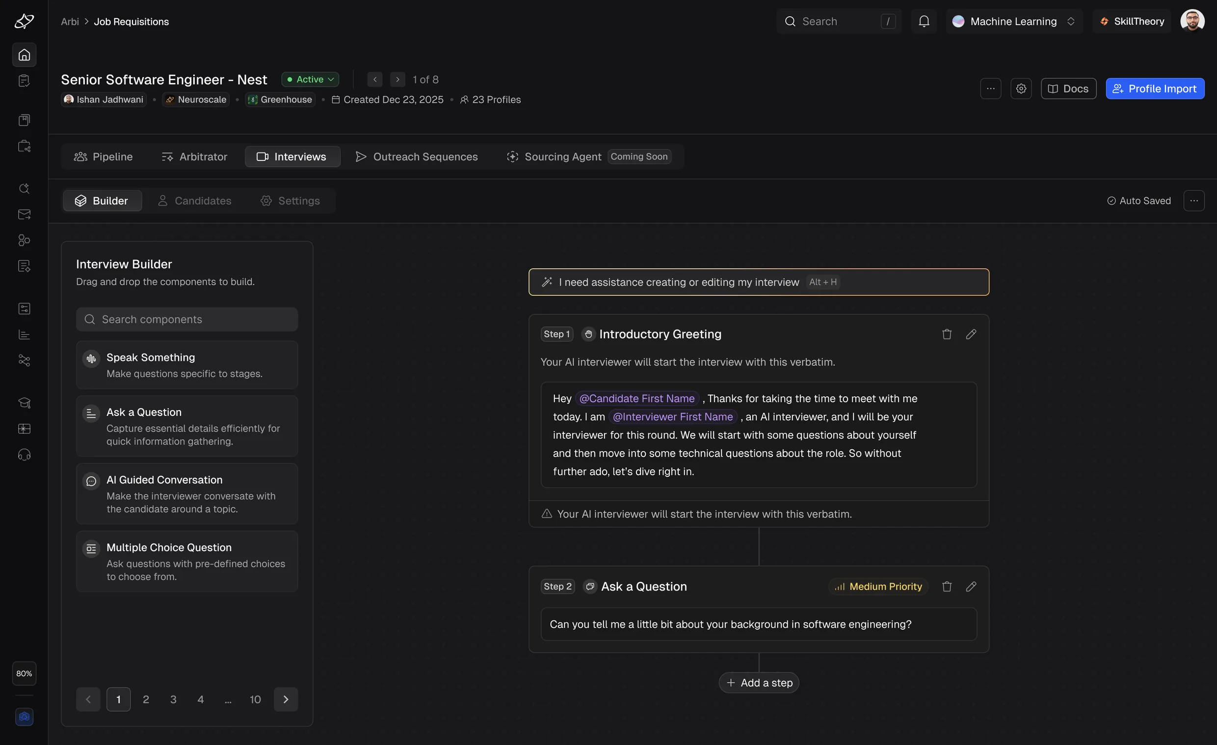 A requisition workspace with pipeline, screening, outreach and interview stages in one place