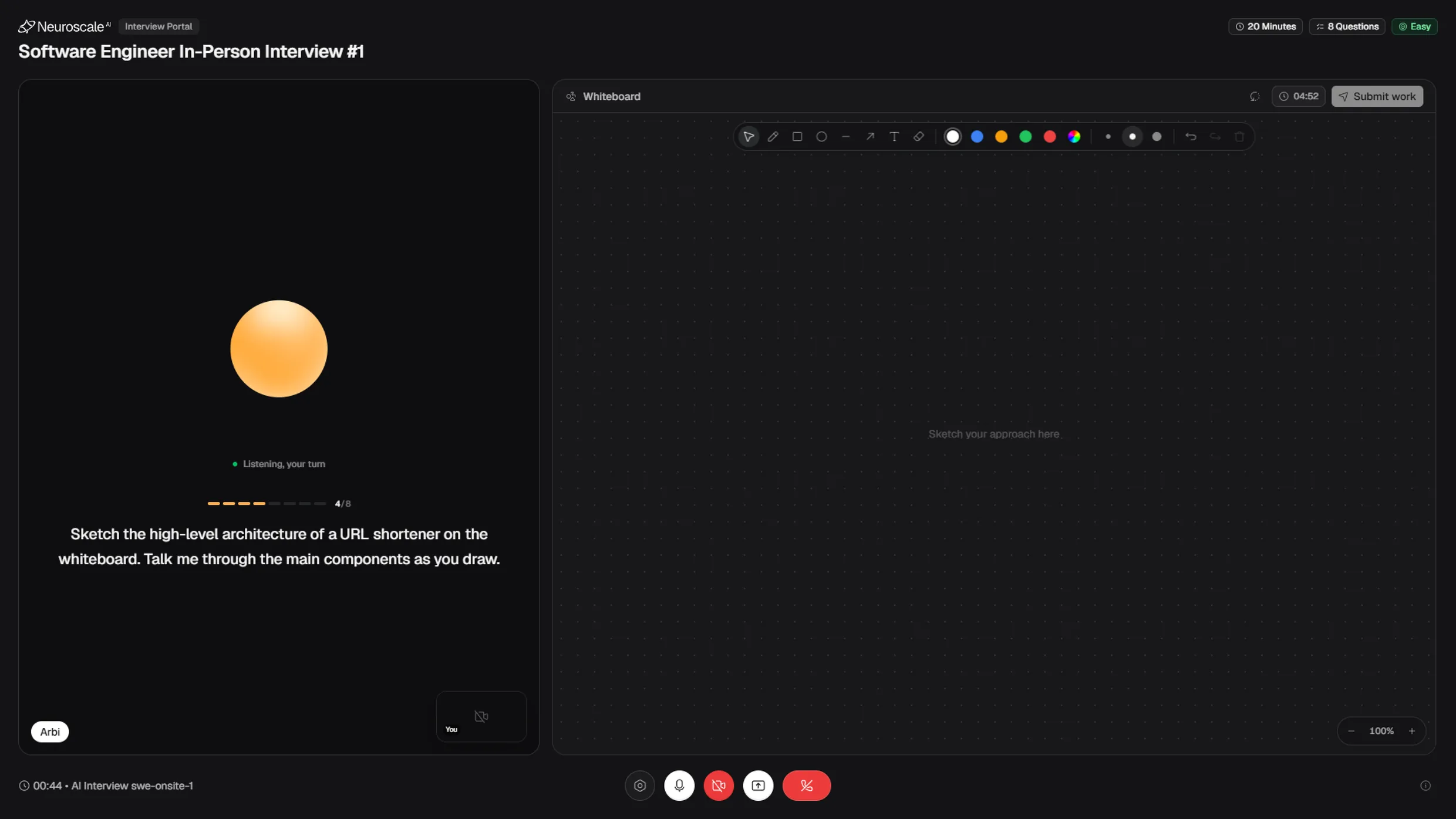 A live AI interview asking a candidate to sketch the architecture of a URL shortener on a whiteboard