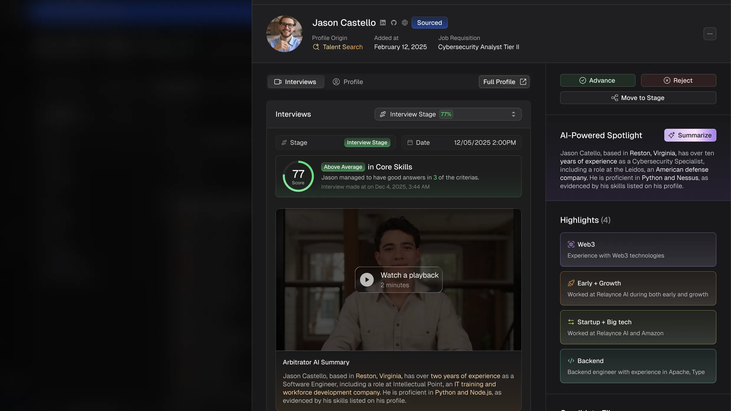 Interview results showing a score of seventy seven, an AI written spotlight, candidate highlights, and a recording playback