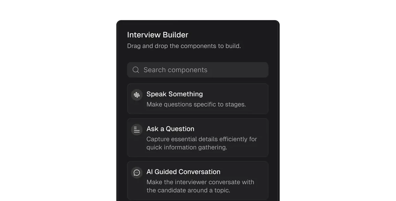 The interview builder component palette with speak, ask a question, AI guided conversation, and multiple choice blocks