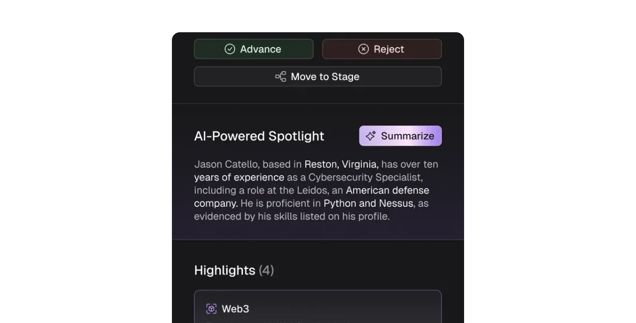 An AI written candidate spotlight with highlights for Web3, early stage growth, and big tech experience