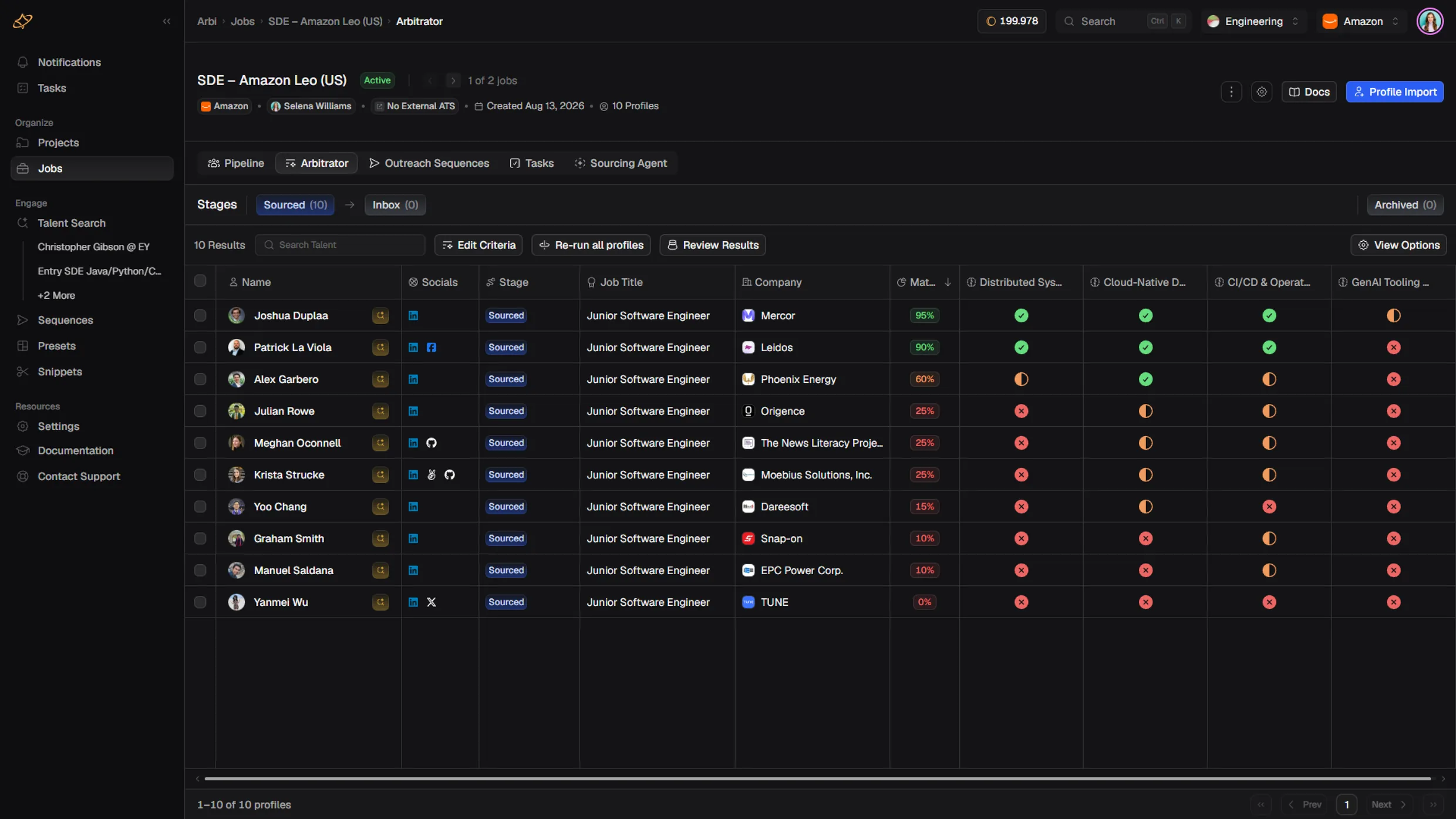 A screening view listing candidates against written criteria with a recorded verdict for each