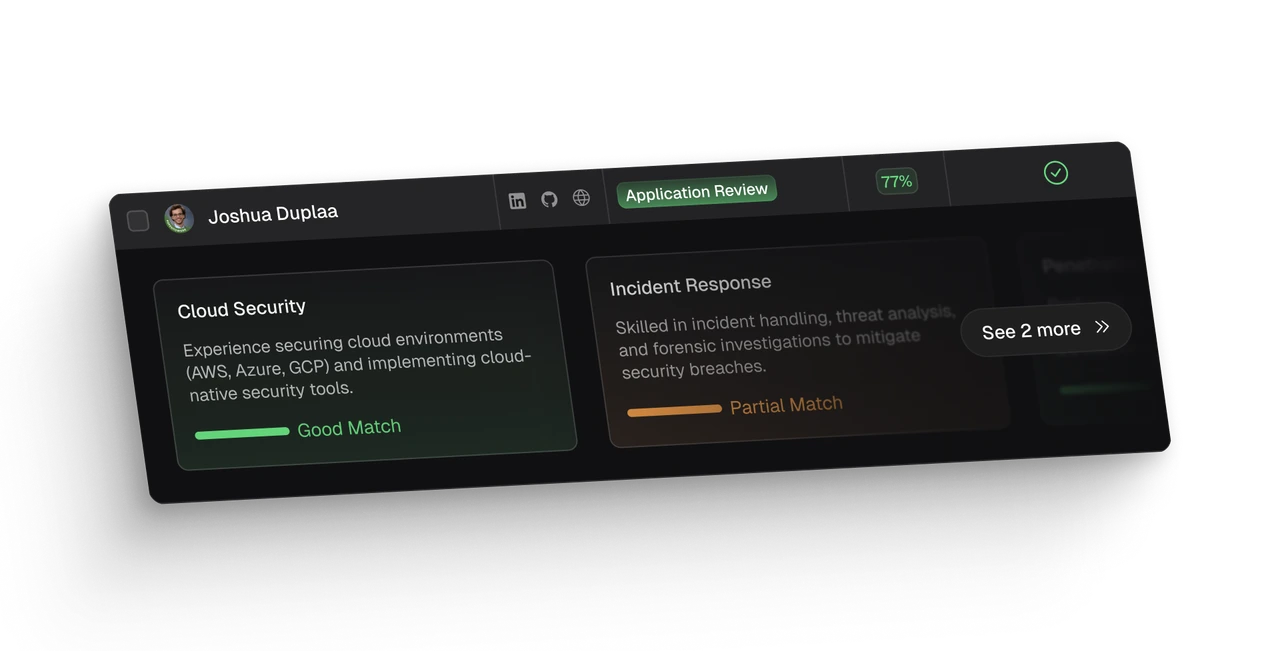 Evidence cards showing a good match and a partial match against a candidate's experience