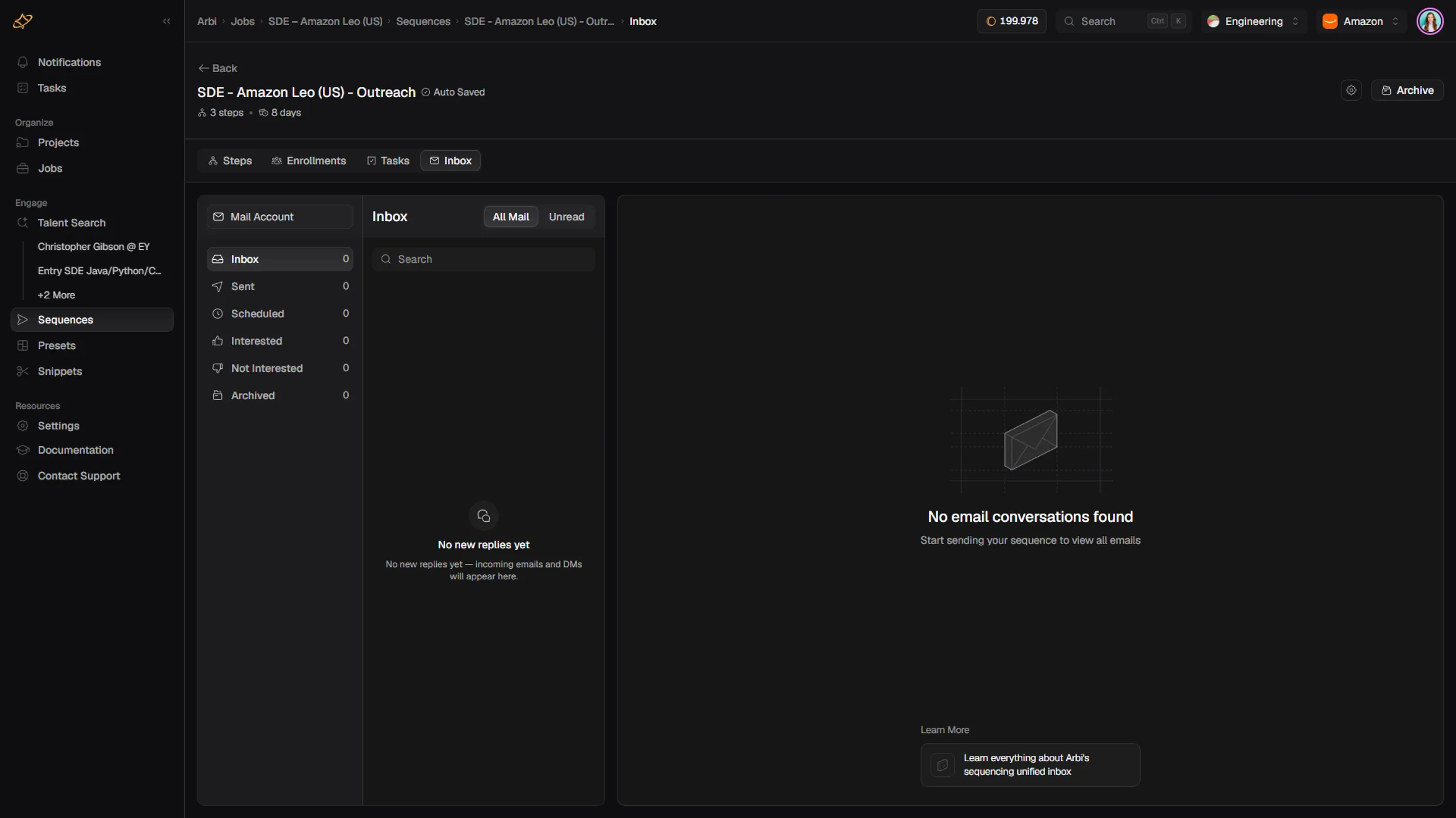 A unified outreach inbox with folders for inbox, sent, scheduled, interested, not interested, and archived