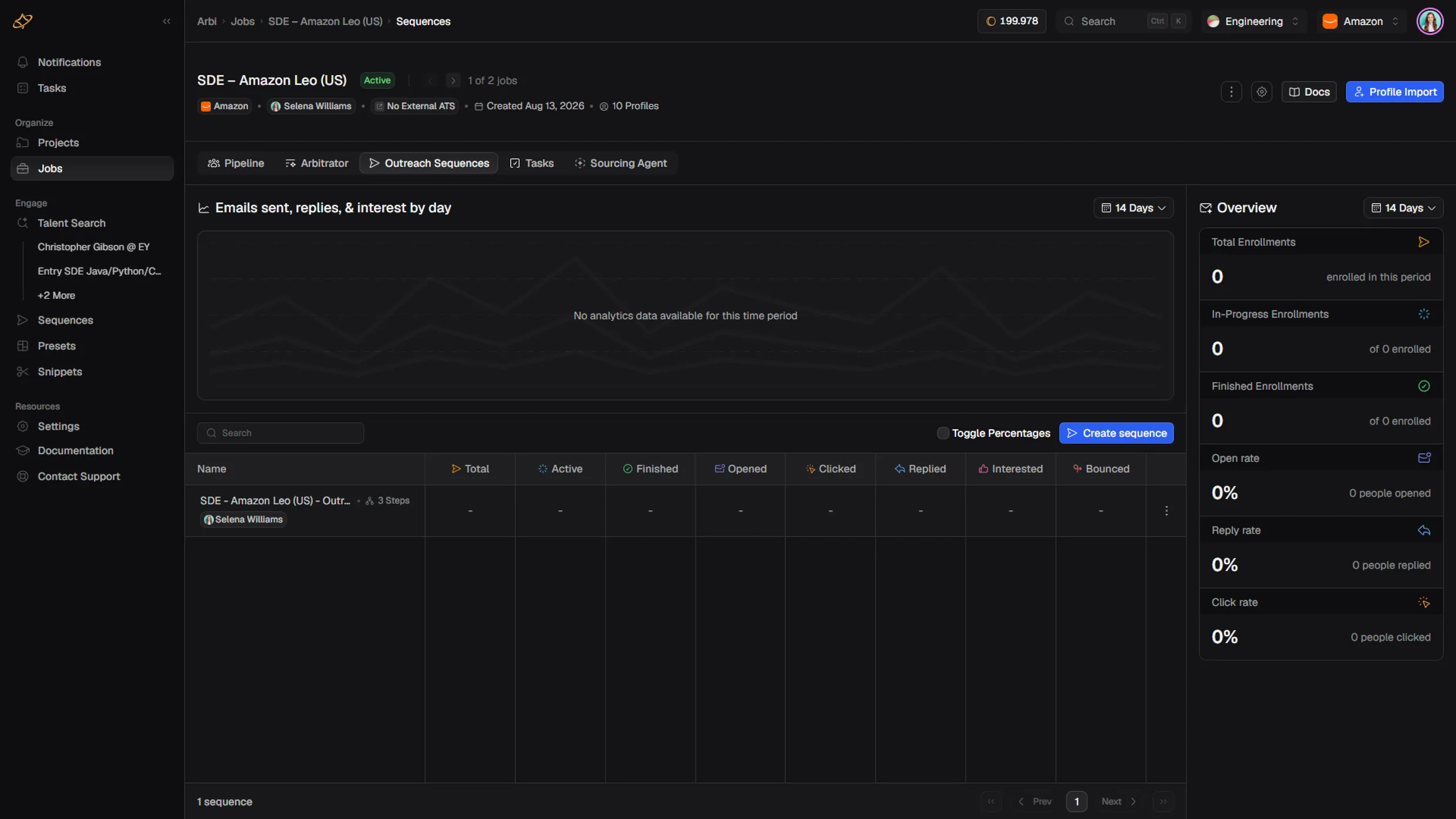 Sequence overview showing step performance and reply rates across a campaign